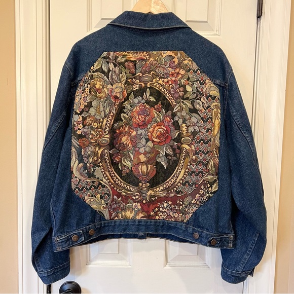 Vintage Jackets & Blazers - Vintage 80s 90s Denim Jacket Floral Tapestry Patch Back Western Jean Women’s M